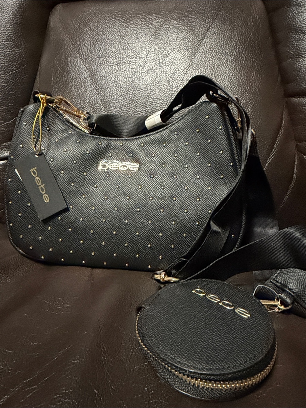 bebe Black Studded Shoulder Bag with Coin Pouch
